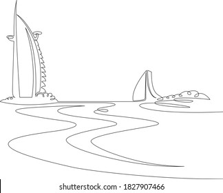 Seascape coast sand skyscraper Dubai. One continuous drawing line, logo single hand drawn art doodle isolated minimal illustration.