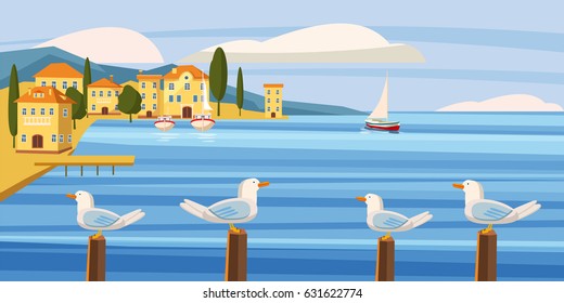 Seascape, Coastal City, Seagull, Sea, Sailboat, Ocean, Cardboard Style, Vector, Illustration