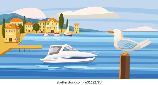 Seascape, coastal city, seagull, sea, speedboat, ocean, cardboard style, vector, illustration