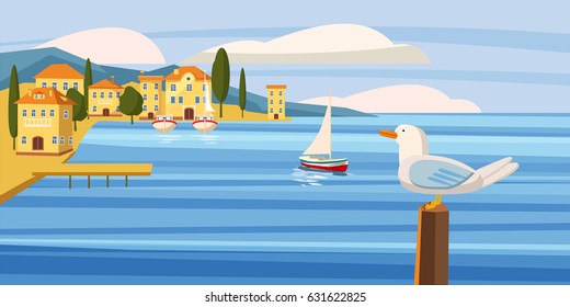 Seascape, coastal city, seagull, sea, sailboat, ocean, cardboard style, vector, illustration