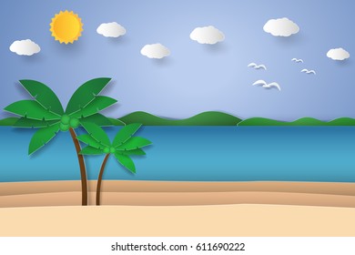 Seascape with coconut tree on beach and island , paper art style