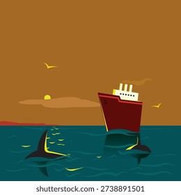 Seascape. Color vector illustration. Created on a graphic tablet. The graphic artwork is intended for print.