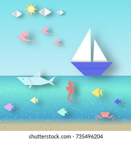 Seascape with colorful fishes and ships it is clipart in the style of origami paper this image is a vector illustration.