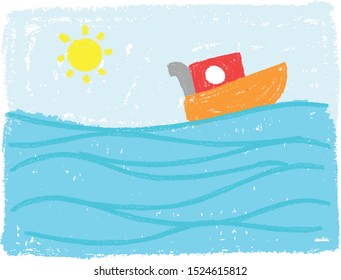 seascape cute wax crayon drawing kid's background illustration boat doodle