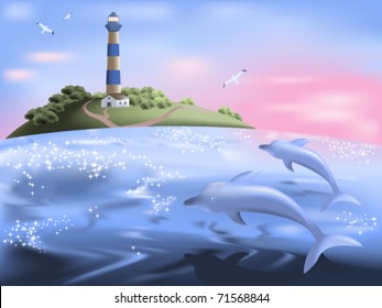 Seascape with dolphins at sunrise