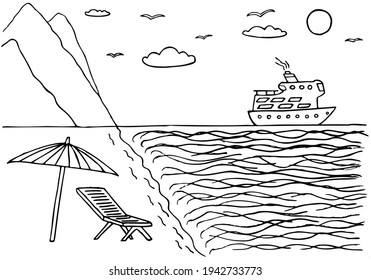 El paisaje marino al estilo doodle. A la izquierda del cuadro se encuentran las montañas, una playa, una sombrilla y una tumbona, a la derecha del mar, un crucero transbordador y el sol. Mano Cortada. Colorido de la página.