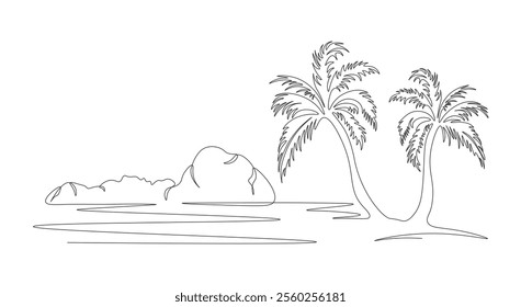 Seascape drawing with one single continuous line. landscape. Tropical oasis with mountains and beach. Sea lagoon with palm tree with one line. Sunset on beach. Linear illustration on white background.