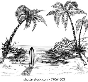 Seascape Drawing With Palm Trees And Surfboard In The Sand