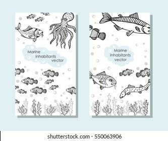 seascape, fish, creative universal cards. vector illustration