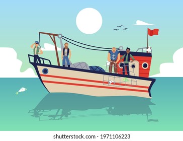 Seascape with fishermen on fishing boat or launch with nets, flat vector illustration. Banner with watercraft or motor boat for fishing industry and fishermen characters.