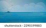 Seascape with fishing boat followed by seagulls at skyline vector illustration watercolors style on paper textured. Ocean with sky and clouds background.