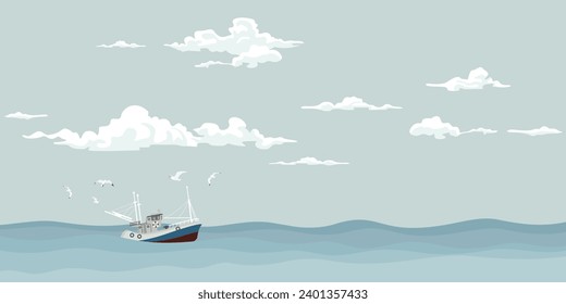 Seascape with fishing boat followed by seagulls at skyline vector illustration. Ocean with ship, sky and clouds background.