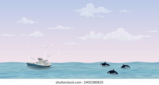 Seascape with fishing boat followed by seagulls and killer whale pack have dramatic sky background vector illustration. Ocean with ship, seagulls, orca, sky and clouds background.