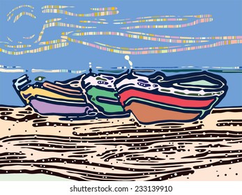 Seascape with fishing boats vector illustration