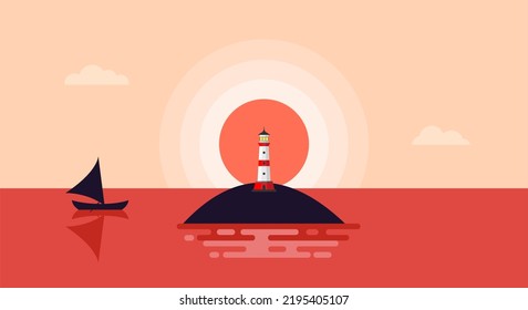 seascape flat design vector illustration. sea view at dusk with lighthouse panorama by boat