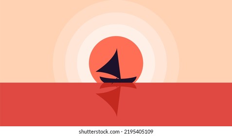 seascape flat design vector illustration. sea view at dusk with boat panorama