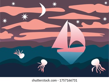 Seascape in a flat style. Sailboat, jellyfish, night sky with moon and stars. Vector illustration. Drawing for a print on fabric.