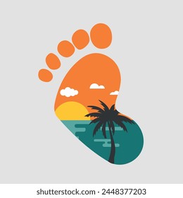 Seascape and foot logo template. Feet and beach vector design. Resort illustration
