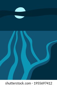 Seascape with full moon in the clouds, moonlit path at night. Dark blue vector banner, abstract minimal design, freehand sketch. Sea illustration for artistic leaflet, poster or greeting card.