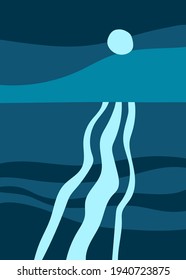 Seascape with full moon, moonlit path at night. Dark blue vector banner, abstract flat minimalist design, hand drawn landscape sketch. Sea illustration for artistic leaflet, poster or greeting card.