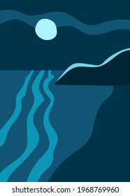 Seascape with full moon, moonlit path, coast with rock at night. Dark blue vector banner, abstract minimal design, hand drawn sketch. Sea illustration for artistic leaflet, poster or web banner.