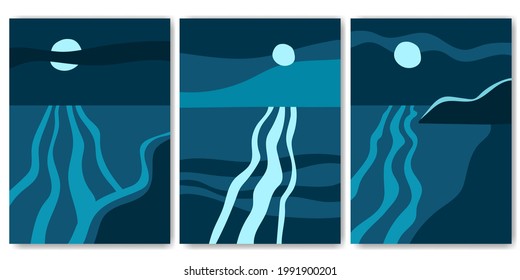 Seascape with full moon, moonlit path and clouds at night. Hand drawn sea poster set. Dark blue background, abstract minimal design. Vector banner for artistic leaflet, home decor or greeting card.