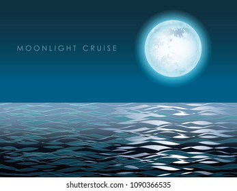 Seascape with full moon and its reflection, vector illustration.