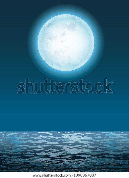 Seascape with full moon and its reflection,\
vector illustration.