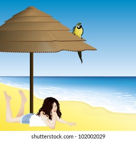 seascape  with a girl lying down and a parrot