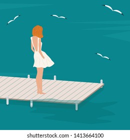 Seascape. The girl stands bridge and looks at the seagulls - flat style - vector. Summer time. Camping.