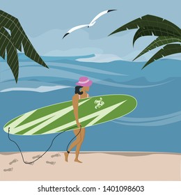 Seascape - girl with a surfboard goes along the shore - seagull, palm - abstract illustration, flat style - vector
