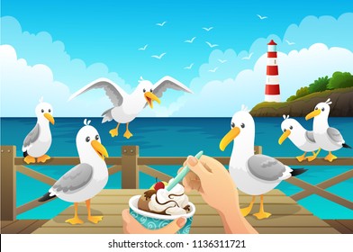 Seascape with greedy seagulls watching a person eat an ice cream on the wooden pier. Vector illustration