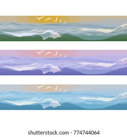 Seascape with gulls on the sunset. Vector illustration with options