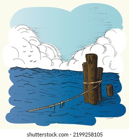 Seascape. Hand-drawn illustration in sketch style. Dark blue sea, waves and sky. Vector