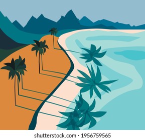 Seascape of the Hawaiian Islands in a flat style. Yellow sandy beach, blue mountains, blue sea, green palm trees. Vector graphics. EPS 10.