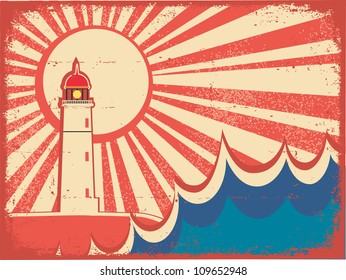Seascape horizon. Vector illustration with lighthouse on grunge paper