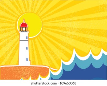 Seascape horizon. Vector illustration with lighthouse