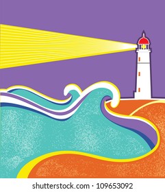 Seascape horizon. Vector illustration with lighthouse for design
