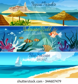 Seascape horizontal banner set with underwater world elements isolated vector illustration