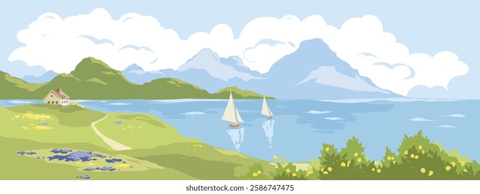 Seascape with a house, sailboats and a citrus garden in the foreground. Vector illustration in watercolor style.	