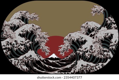 Seascape with huge ocean waves. Hand drawn Illustration in traditional Japanese style on gold background.