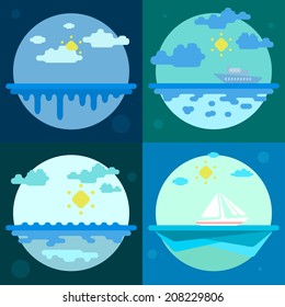 Seascape illustration.  Flat icon set