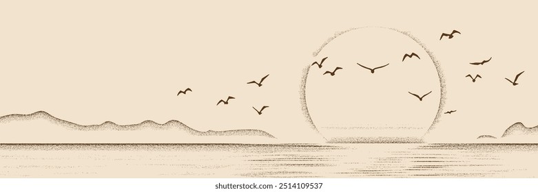 Seascape, imitation pencil drawing, vector cartoon, panoramic view