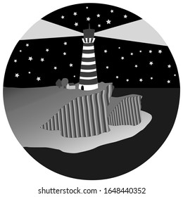 Seascape, island with a cliff and a lighthouse in the middle of the night on the island. Lighthouse on the island.