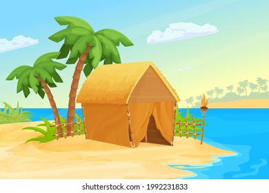Seascape with island, hut or bungalow with straw roof and bamboo decorations, palm trees, tiki torch with fire and sand in cartoon style. Exotic scene, vacation concept. Horizontal landscape.