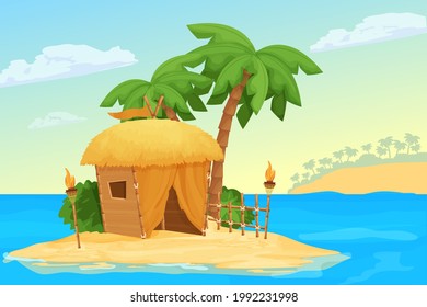 Seascape with island, hut or bungalow with straw roof and bamboo decorations, palm trees, tiki torch with fire and sand in cartoon style. Exotic scene, vacation concept. Horizontal landscape.
