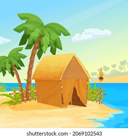 Seascape with island, hut or bungalow with straw roof and bamboo decorations, palm trees, tiki torch with fire and sand in cartoon style. Exotic scene, vacation concept. Horizontal landscape. Vector i