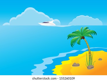 Seascape with the island and a palm tree