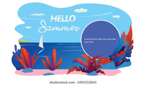 Seascape with island, palm tree, sailboat, plants and template for text. Web banner Hello summer, vacation concept, summer vacation. Vector cute illustration in cartoon style.