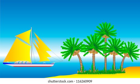 Seascape with island and the ship - vector